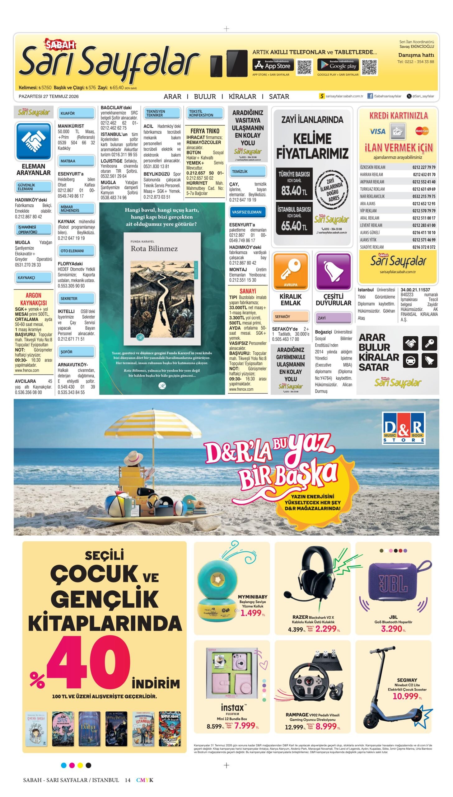 27 Temmuz 2026 tarihli Sabah Gazetesi bugünkü iş eleman ve kayıp ilanları sayfası kupürü